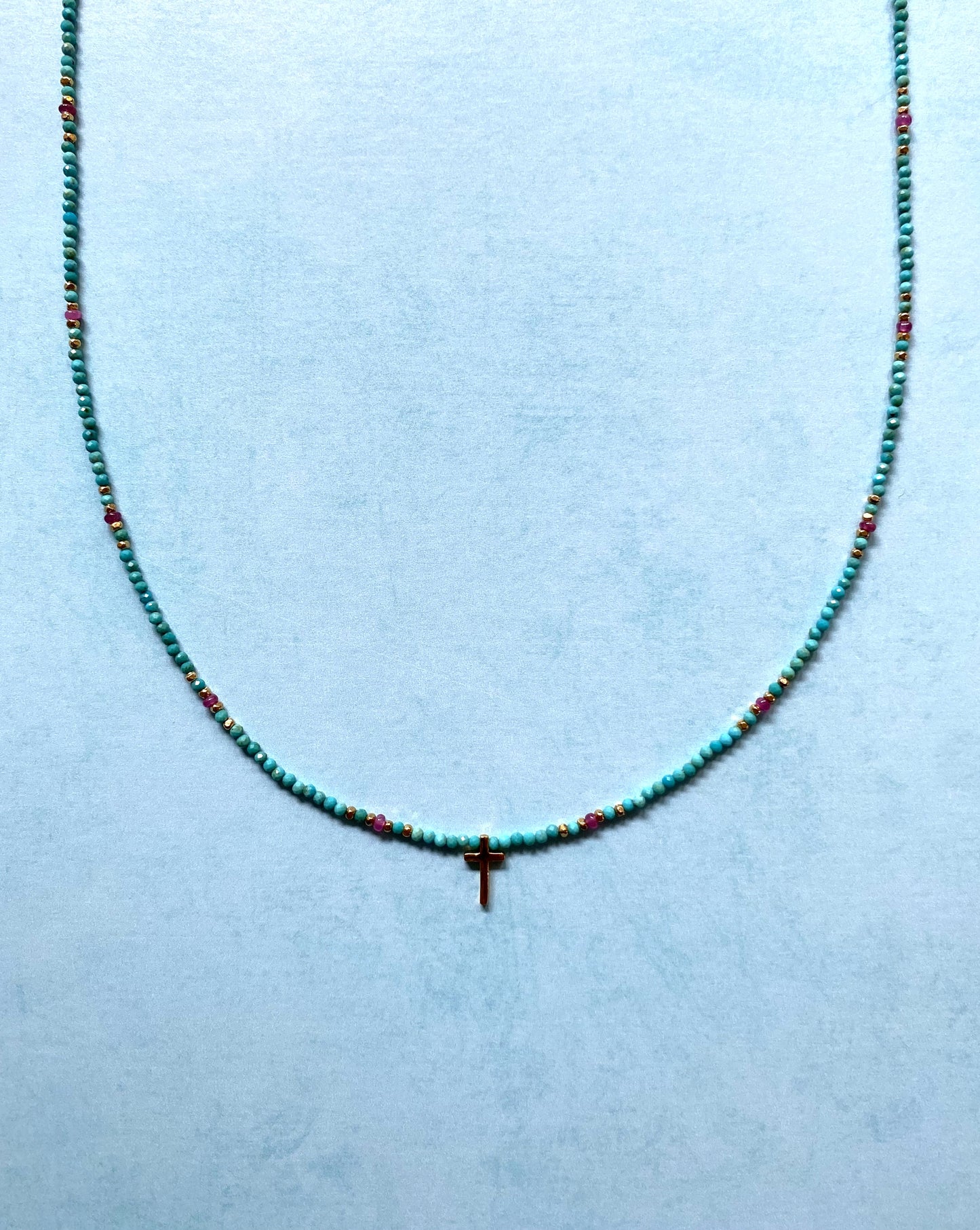 BELOVED ONE CROSS NECKLACE IN RUBY AND TURQUOISE