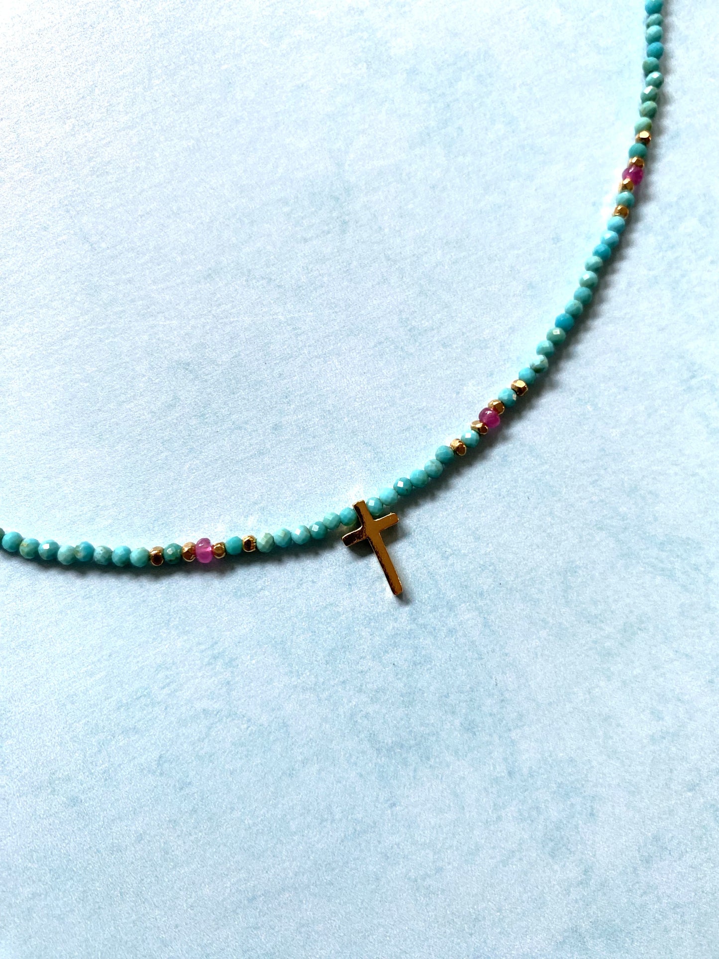 BELOVED ONE CROSS NECKLACE IN RUBY AND TURQUOISE