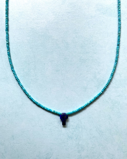 INNER STRENGTH CROSS NECKLACE IN TURQUOISE AND LAPIS