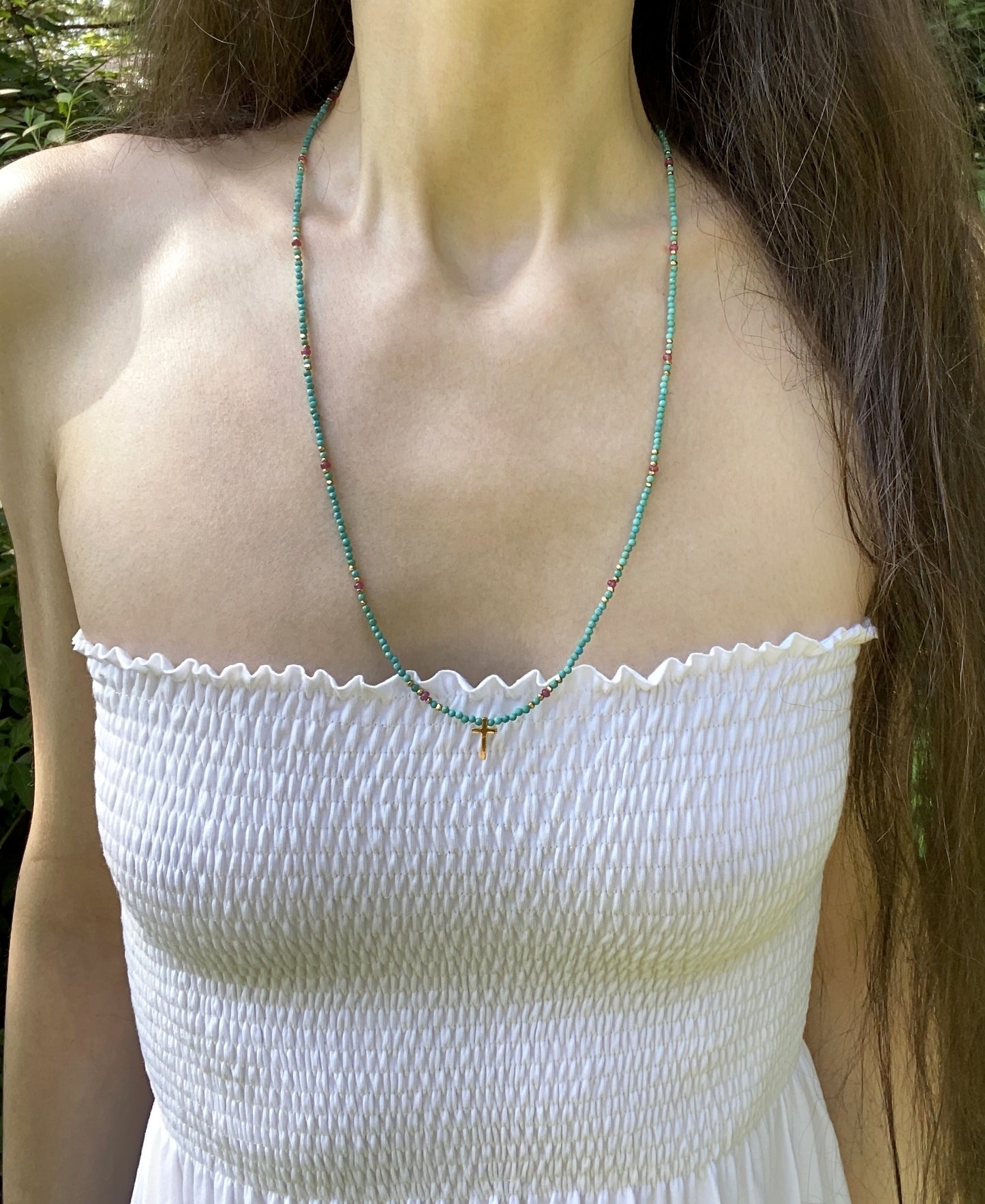 BELOVED ONE CROSS NECKLACE IN RUBY AND TURQUOISE