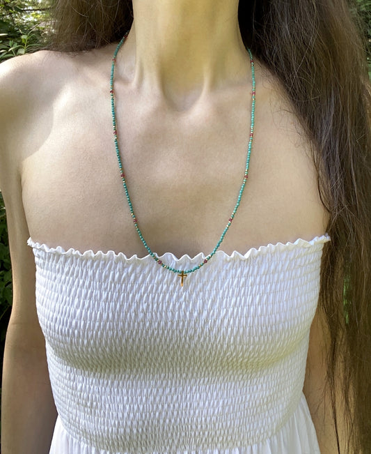 BELOVED ONE CROSS NECKLACE IN RUBY AND TURQUOISE