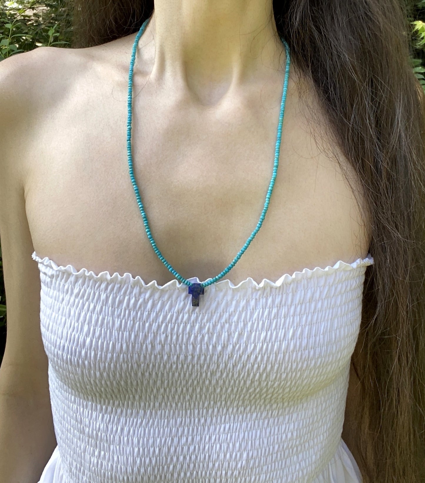 INNER STRENGTH CROSS NECKLACE IN TURQUOISE AND LAPIS