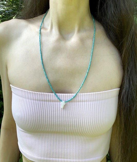 KEEP SHINING CROSS NECKLACE IN TURQUOISE AND RAINBOW MOONSTONE